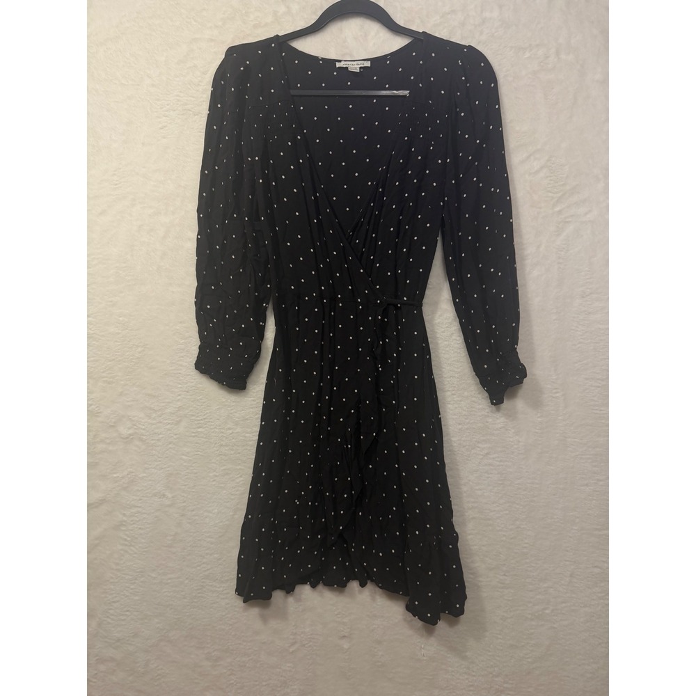 American Eagle‎ Wrap Dress Womens Medium Black Polka Dot Long Sleeve Ruffle Mini